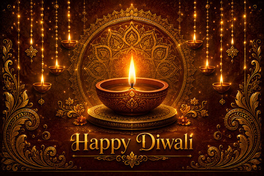 Happy Diwali greeting with glowing diya lamps, ornate mandala decoration and golden festive design