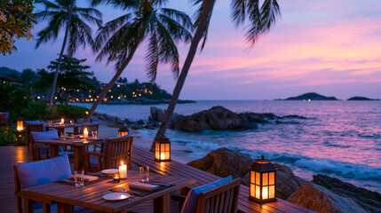 Fototapeta premium Luxury beachfront dining experience with wooden tables and chairs set on a deck overlooking purple sunset and rocky sea view.