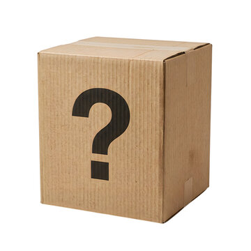 Cardboard box with a question mark symbol isolated on transparent background