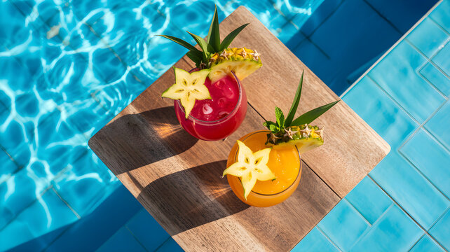 Tropical Cocktails with Orange and Lime by the Resort Swimming Pool on Sunny Summer Day