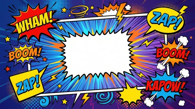 Vibrant comic book style background with colorful speech bubbles, halftone texture, and dynamic action text for design projects