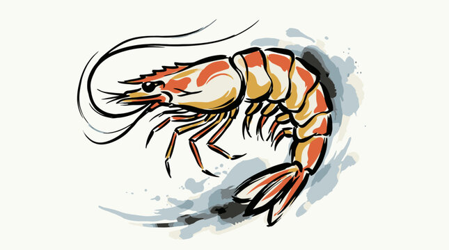 Watercolor illustration of a fresh tiger prawn shrimp seafood. EPS Editable