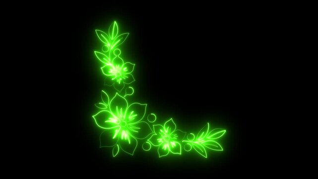 Green neon floral corner design with glowing flowers and leaves image photo 4k video.
