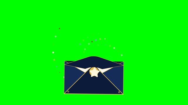 Full HD 1920x1080 16:9 green screen animation of a Royal Navy and Gold Christmas envelope unfolding, letter sliding out with elegant message swap, and festive golden confetti bursts.