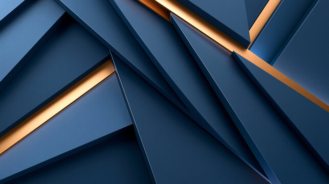 Minimalist geometric 3d background features sharp blue triangular layers accented with luxury metallic gold trim lines.