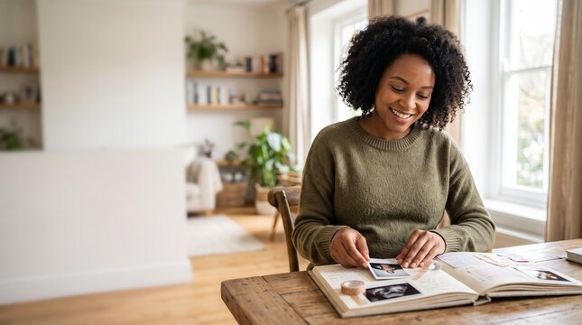 Cherished Memories: A young woman with curly hair sits at a wooden table, reminiscing over old photographs placed in a large album, a gentle smile gracing her face, evoking nostalgia and warmth.