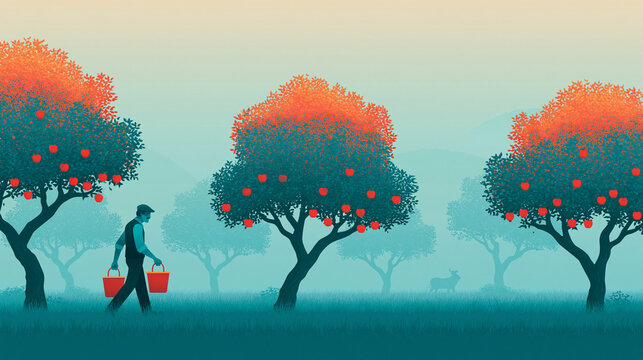 Minimalist illustration of man carrying buckets through apple orchard with blue tones and vibrant red fruit silhouettes.