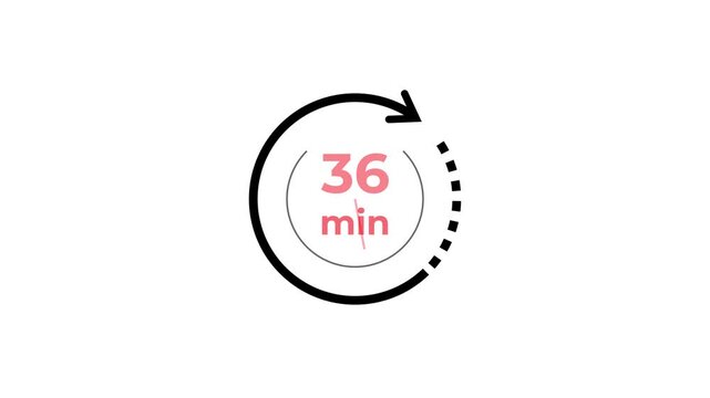 Countdown timer with circular arrow indicator showing 36 minutes and seconds in minimalist motion graphics