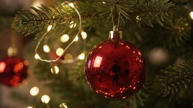Beautifully decorated Christmas tree featuring red and gold ornaments with glowing warm string lights in a cozy indoor living room setting near a fireplace.