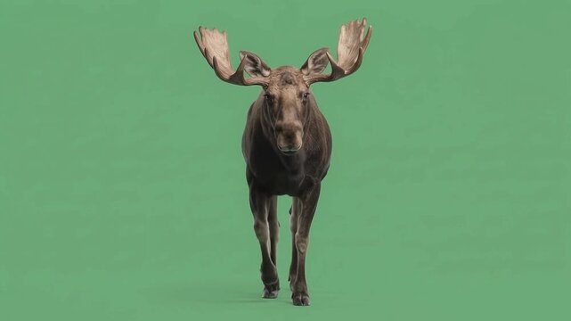 Close up of a moose with big antlers walking slowly forward