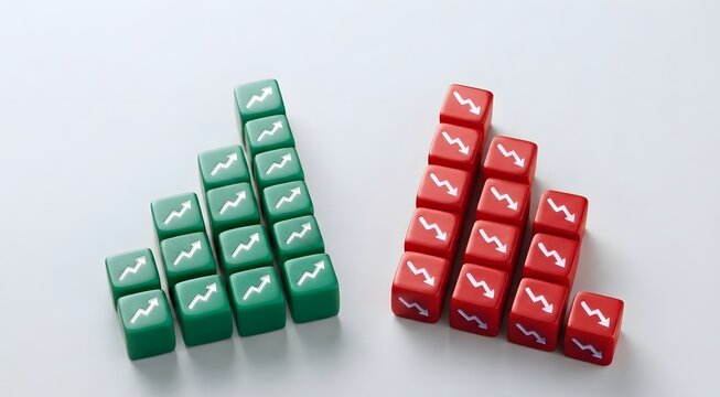 A stack visual representation of market fluctuations, with rows of green dice displaying upward trending arrows contrasted against red dice showing downward trends