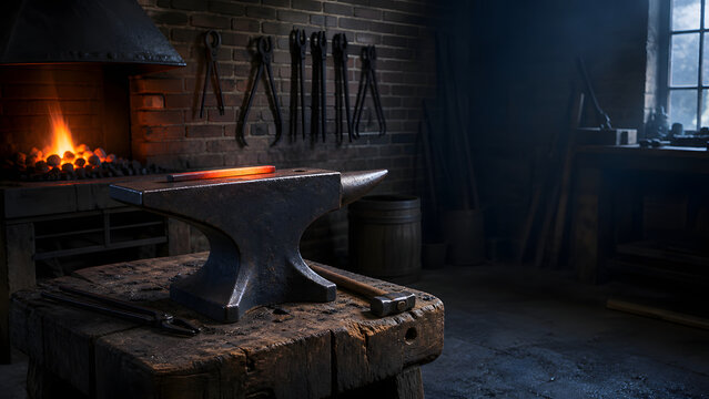Traditional Blacksmith Workshop with Anvil and Glowing Metal