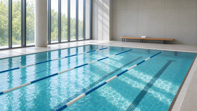 Empty Indoor Swimming Pool with Sunlit Lanes