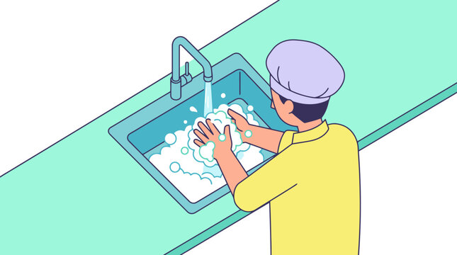 Chef washing hands with soap in kitchen sink for hygiene vector illustration. EPS Editable