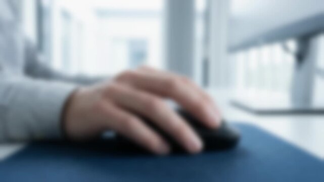 blurry hand operates a computer mouse on a desk inside a modern office.