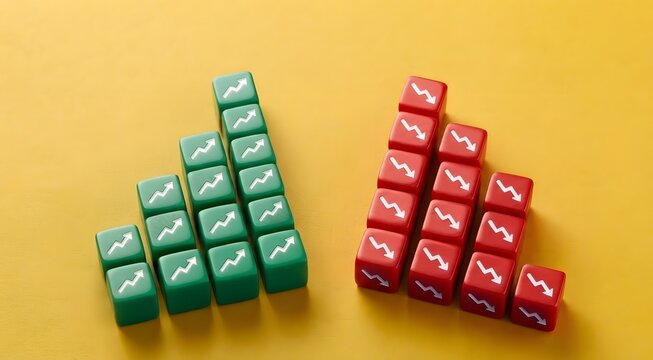 A stark visual representation of market fluctuations, with rows of green dice displaying upward trending arrows contrasted against red dice showing downward trends