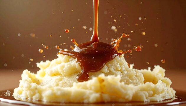 Creamy Mashed Potatoes with Rich Gravy Pour Splash