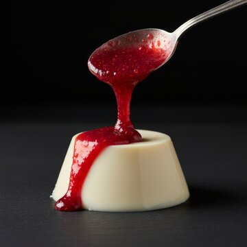 Red raspberry or strawberry sauce pouring from a spoon onto a white panna cotta dessert
