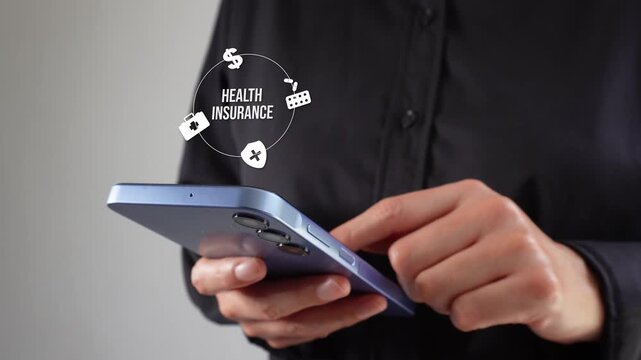 A professional businesswoman checking her mobile phone, accompanied by an animation of a white circular health insurance icon. It represents medical care, cost, and coverage. 