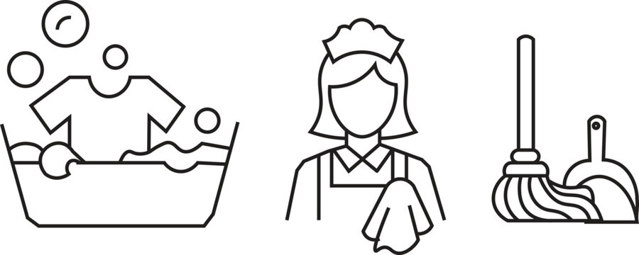 Professional maid service vector icons with laundry service, maid avatar, and floor sweeping.
