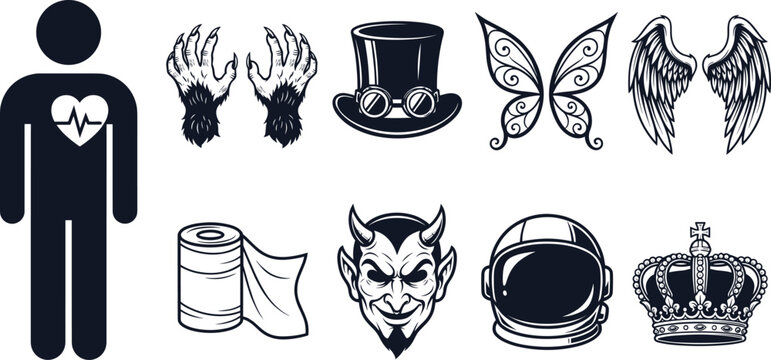Diverse black and white vector icon set collection featuring wings devil astronaut helmet crown and spooky halloween elements