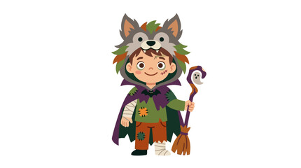 Fototapeta premium Cute Boy in Wolf Costume Holding a Broomstick
