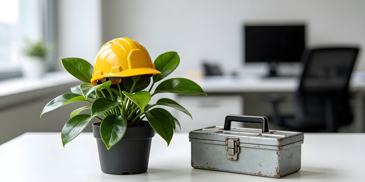 Green plant wearing yellow safety hard hat next to vintage toolbox in modern office