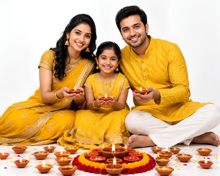 Three people holding lit oil lamps in traditional attire with floral decoration for festive celebration