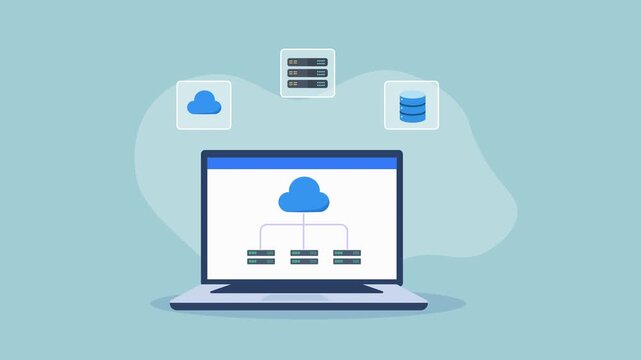 Animated video showing a laptop with a cloud data management interface, connected to file and database icons on a soft blue background.