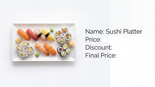 Elegant assorted sushi platter with fresh rolls and nigiri on white plate with sliced fish pristine white rectangular plate