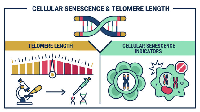 Cellular senescence and telomere length scientific infographic diagram vector illustration. EPS Editable