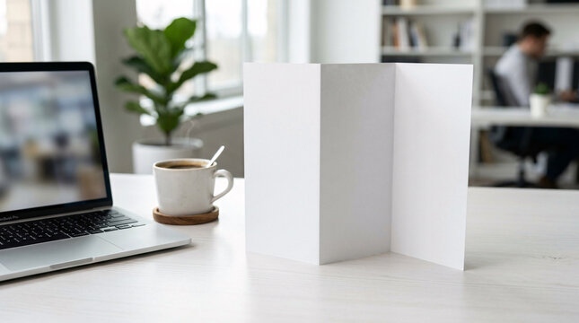 Blank white tri-fold brochure on a desk with a laptop and coffee cup, office setting with blurred background, professional marketing template