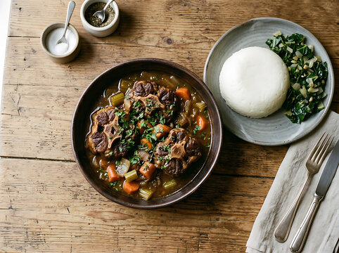 Traditional oxtail stew with sadza and greens on a rustic wooden table