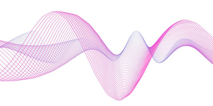 Abstract pink wave line illustration, flowing purple soundwave graphic on white background, modern digital frequency ribbon for tech design