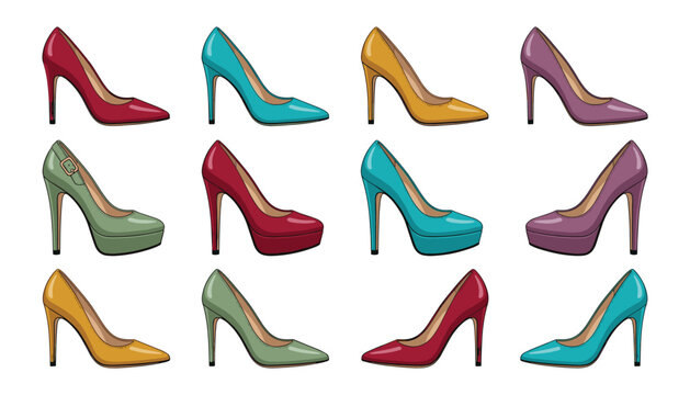 Colorful high heels shoes vector set with various classic pumps and platform stiletto designs for fashion shopping retail themes, 17 words.
