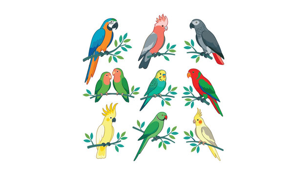 PrintColorful tropical parrot vector set featuring macaw, cockatoo, budgerigar, lovebirds, and african grey perched on green branches isolated on white backdrop