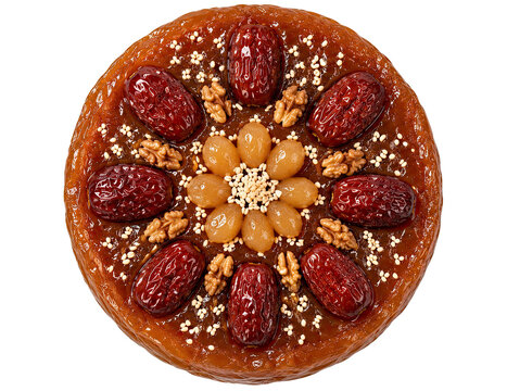 Top view nian gao sticky rice cake isolated for Chinese New Year
celebration. Date and nut dessert on transparent background