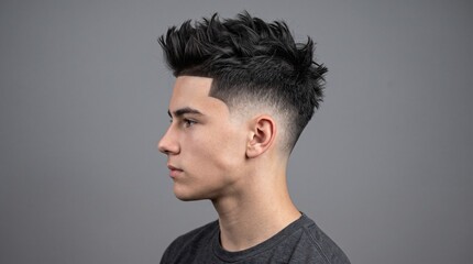 Obraz premium Modern skin fade haircut on young man, stylish textured spiky hairstyle, profile view of trendy male barbershop grooming
