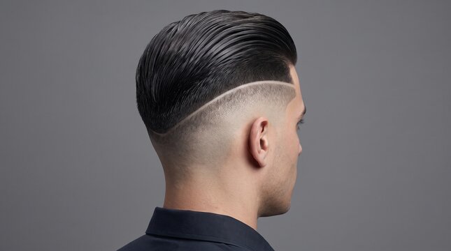 Modern slicked back undercut with sharp fade, stylish mens haircut with shaved line detail, professional barber grooming on gray background