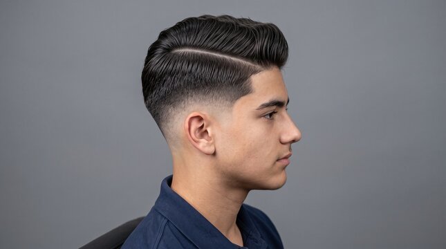Modern fade haircut for men, stylish side part hairstyle on young male model, professional barber shop grooming and hair styling