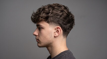 Obraz premium Modern curly hair fade haircut on young man, side profile of male model with textured perm, stylish barbershop hairstyle