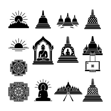 Buddha temple icons and silhouettes collection