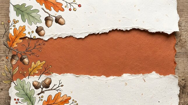 Autumn border with oak leaves and acorns on textured paper