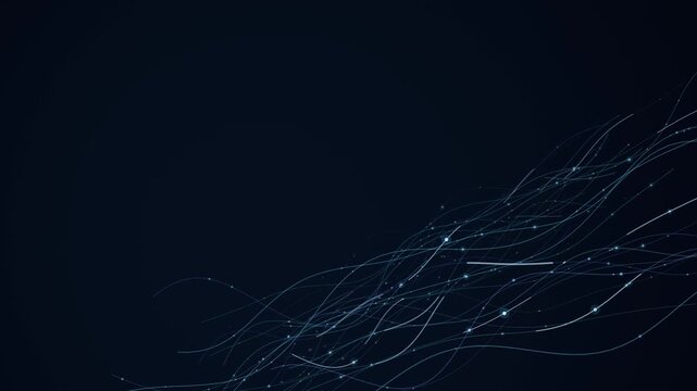 Glowing blue fiber optic threads flow across dark screen creating dynamic motion visual representing complex digital network data connection video