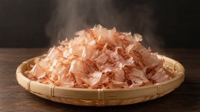 Steaming Katsuobushi Bonito Flakes on a Bamboo Basket