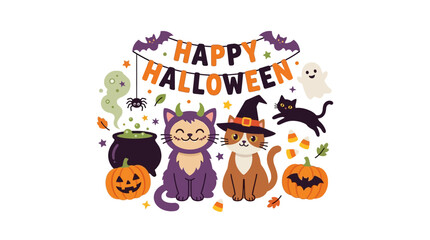 Fototapeta premium Cute Halloween Cats with Pumpkins and Spooky Elements