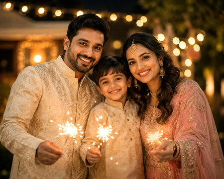 Family Celebration with Sparklers and Traditional Attire Under Warm Festive Lights