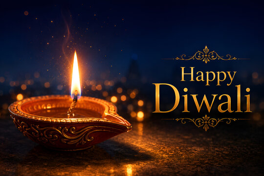 Happy Diwali Greeting with Golden Typography, Fireworks and Illuminated City Skyline