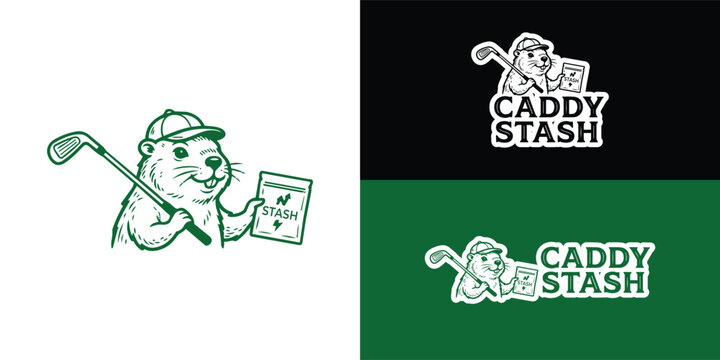 A vintage-inspired logo featuring a cheerful gopher holding a golf club and a pouch for storing nicotine products, paired with classic bold typography, designed for a novelty golf accessories brand.