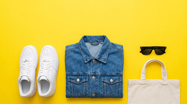 Flat lay of casual outfit including folded denim jacket, white sneakers, sunglasses, and canvas tote bag arranged on a vibrant yellow background, summer fashion, travel essentials